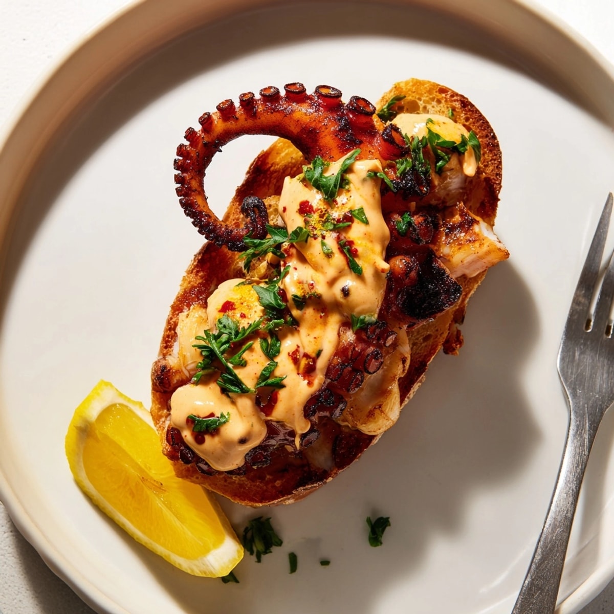 Tentáculos de pulpo a la parrilla tiernos sobre pan tostado con alioli de pimentón español cremoso.