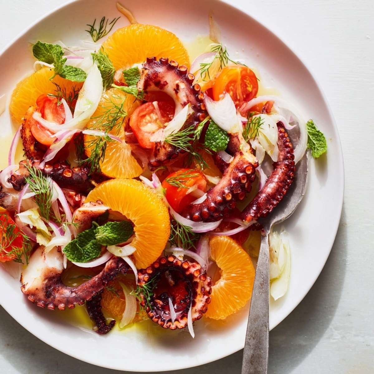 Ensalada de pulpo y naranja: trozos de pulpo tierno sobre un lecho cítrico vibrante.