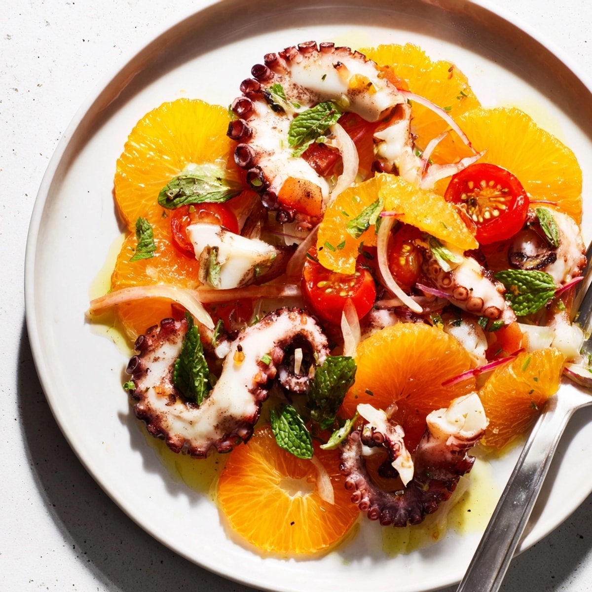 Deliciosa ensalada de pulpo y naranja lista para servir, guarnecida e invitando a probar.