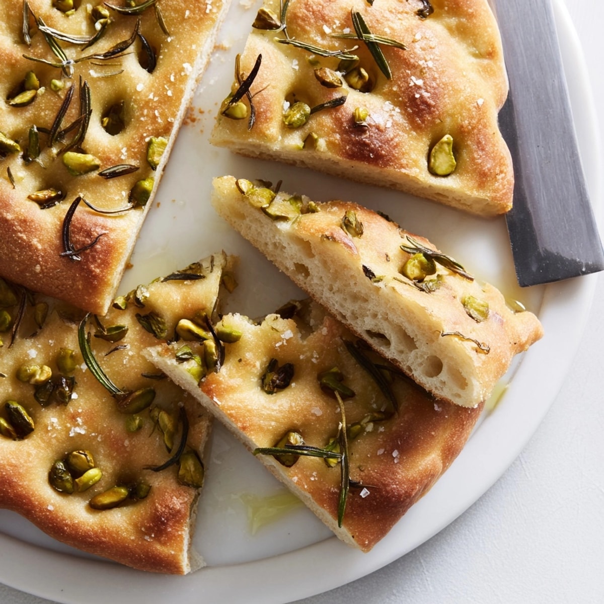 Detalle del pan focaccia con pistachos y aceitunas españolas, dorado y crujiente
