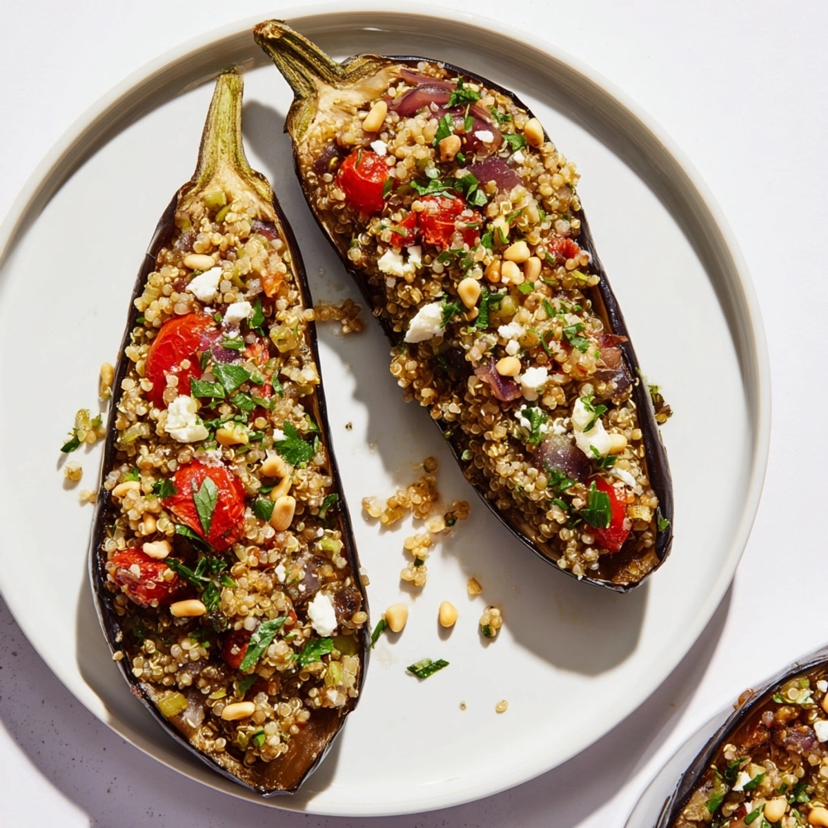 Horno, berenjena rellena de quinua y pasas después de hornear adquiere un hermoso dorado.