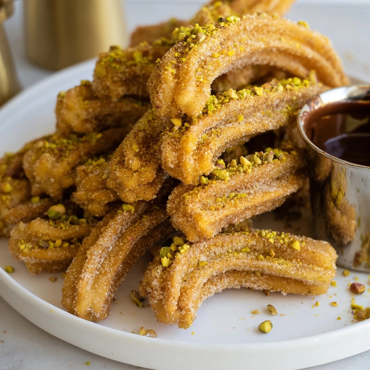 Crujientes churros tradicionales espolvoreados con azúcar de canela y pistacho, un dulce perfecto.
