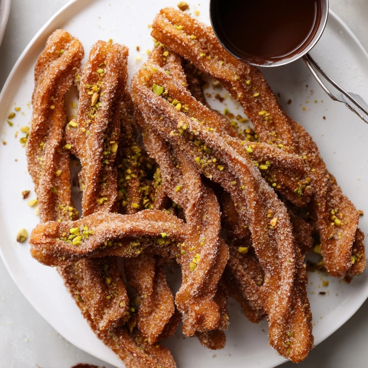 Deliciosos churros tradicionales caseros, listos para mojar en salsa de chocolate caliente.