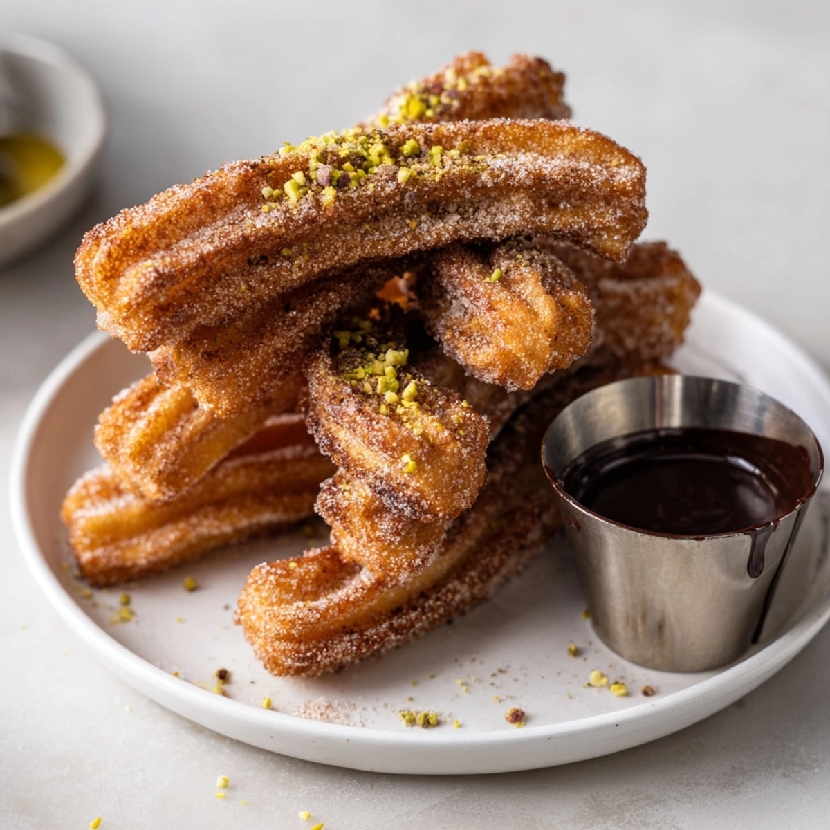 Churros tradicionales dorados cubiertos de azúcar de pistacho y canela; un irresistible postre español.
