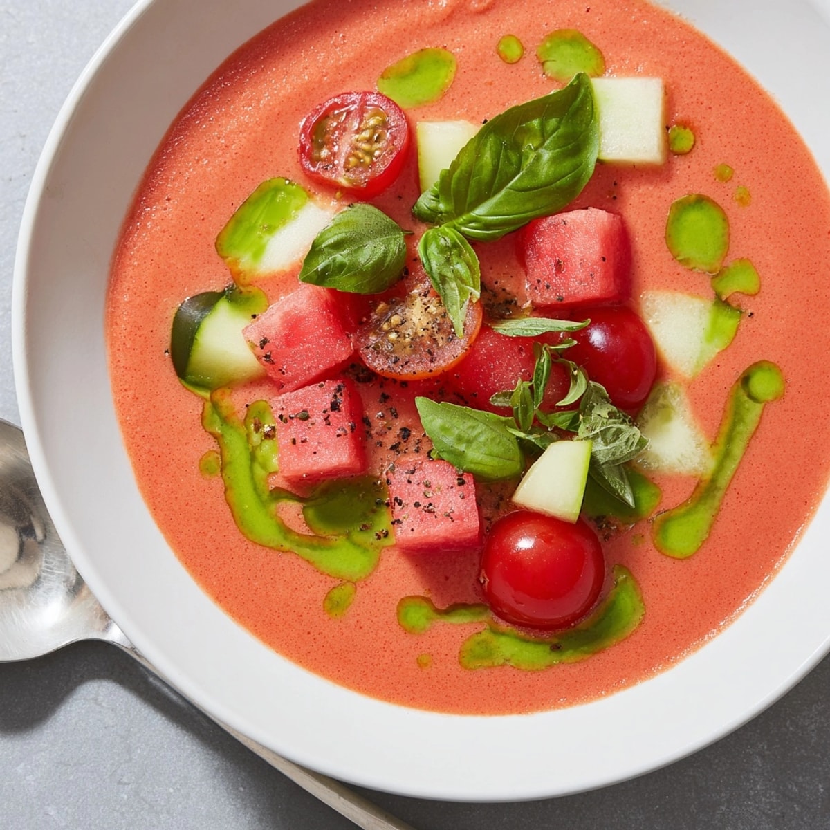 Elaboración casera de sopa fría de tomate y sandía con guarniciones vibrantes y coloridas.