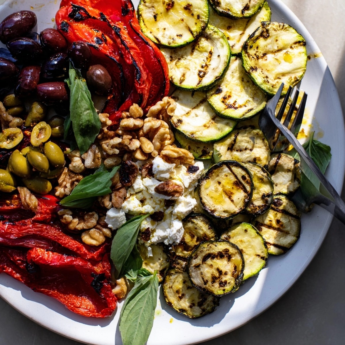 Tabla de tapas "Girl Dinner" rebosante de verduras a la parrilla, aceitunas y frutos secos.