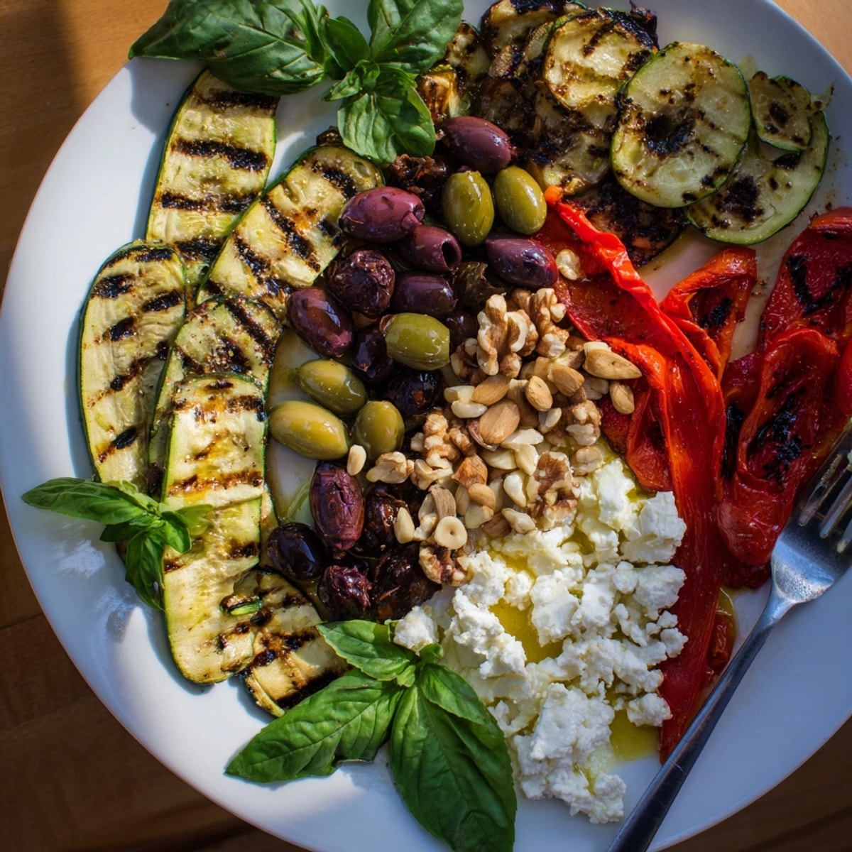 Delicioso tablero "Girl Dinner" con verduras a la parrilla, frutos secos tostados y una variedad de aceitunas.