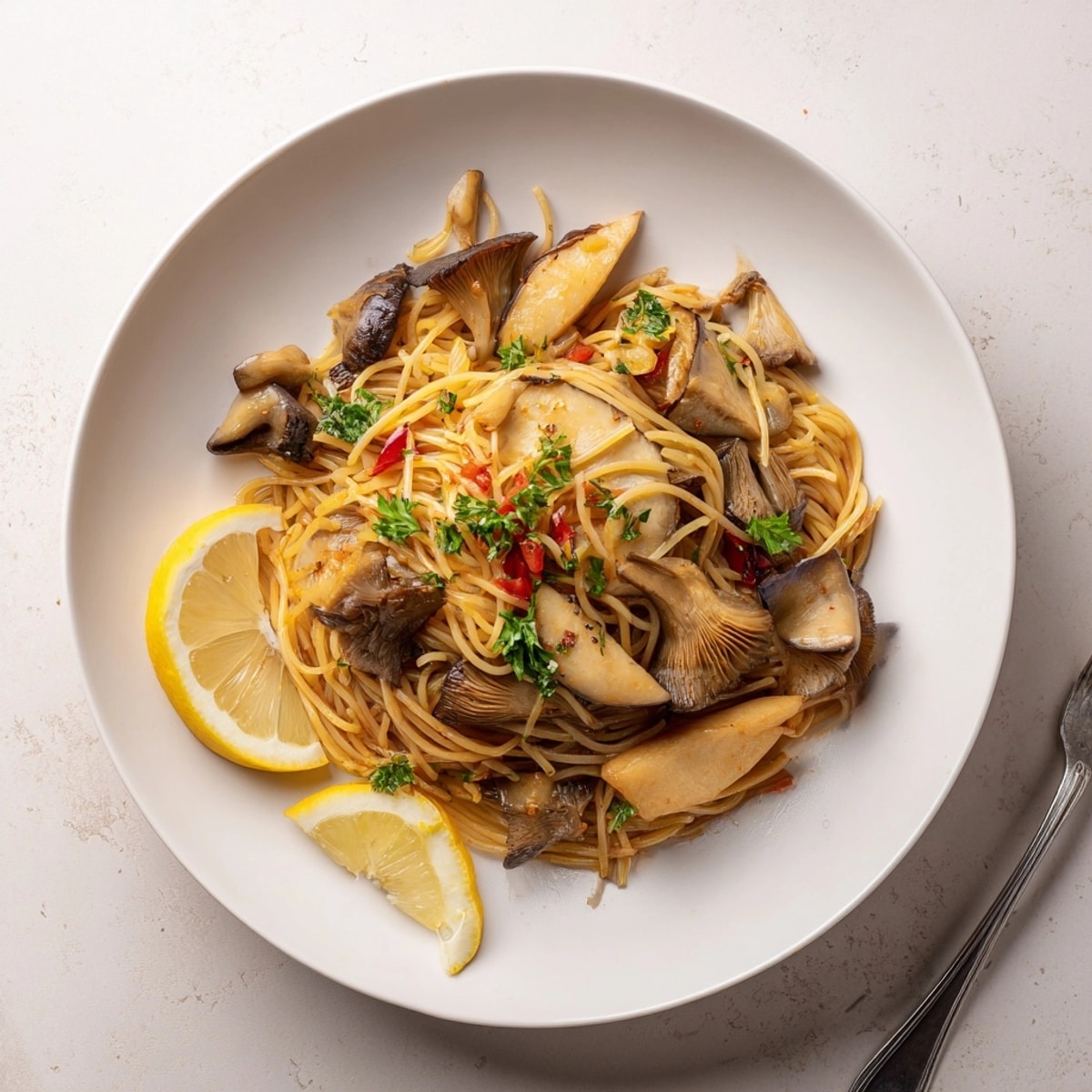 Fideuà de setas de cocción lenta servida caliente con perejil fresco y una rodaja de limón.
