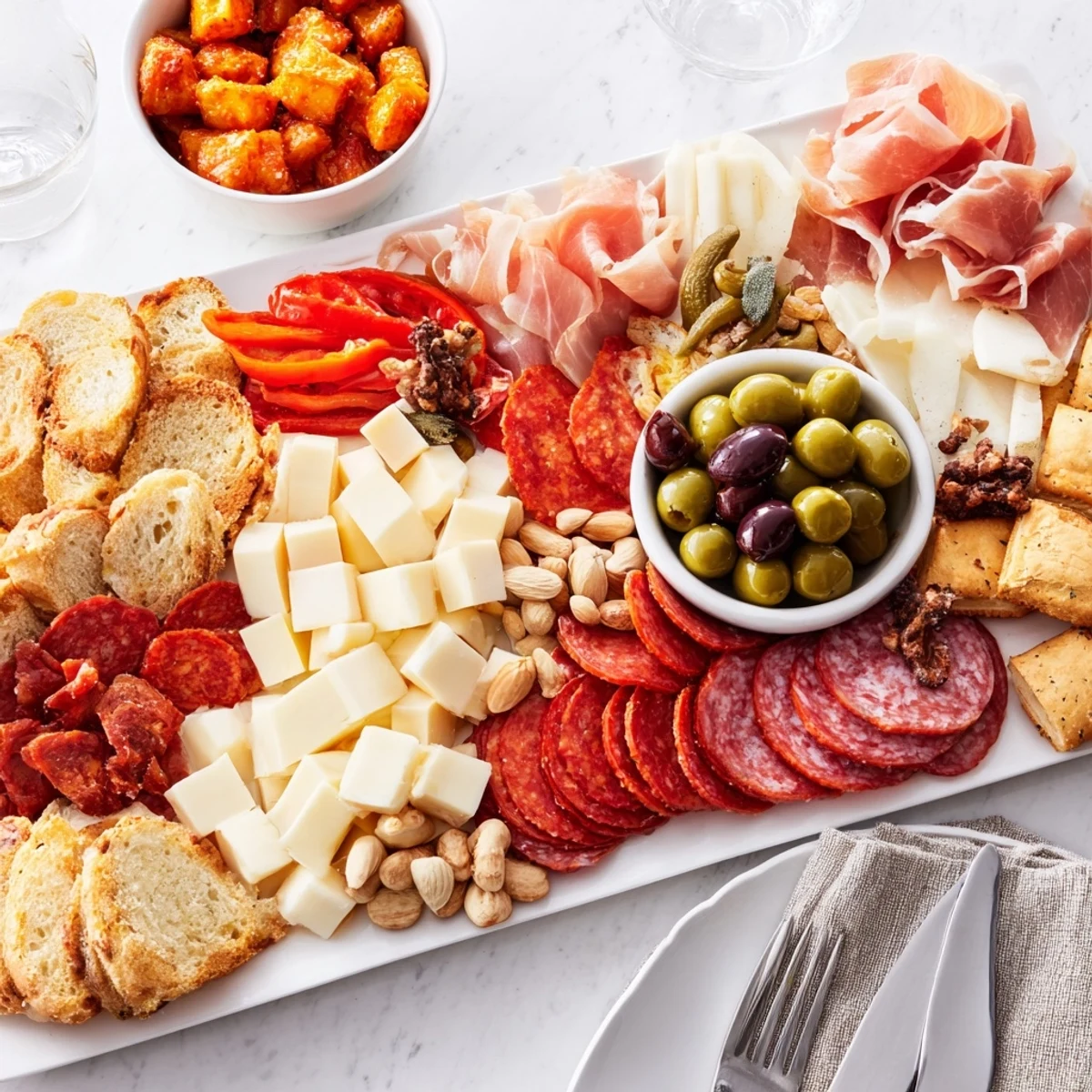 A vibrant charcuterie board featuring meats, cheeses, and Patatas Bravas brownies.  
