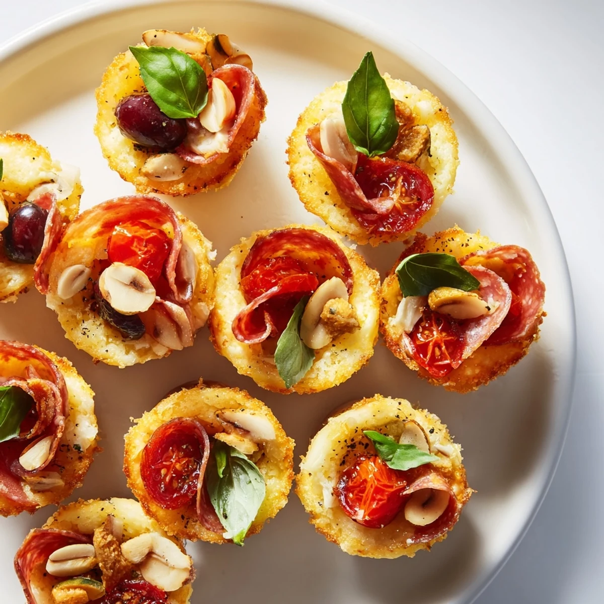 Elegant appetizer featuring Manchego cracker cups, savory chorizo, and drizzled honey.  