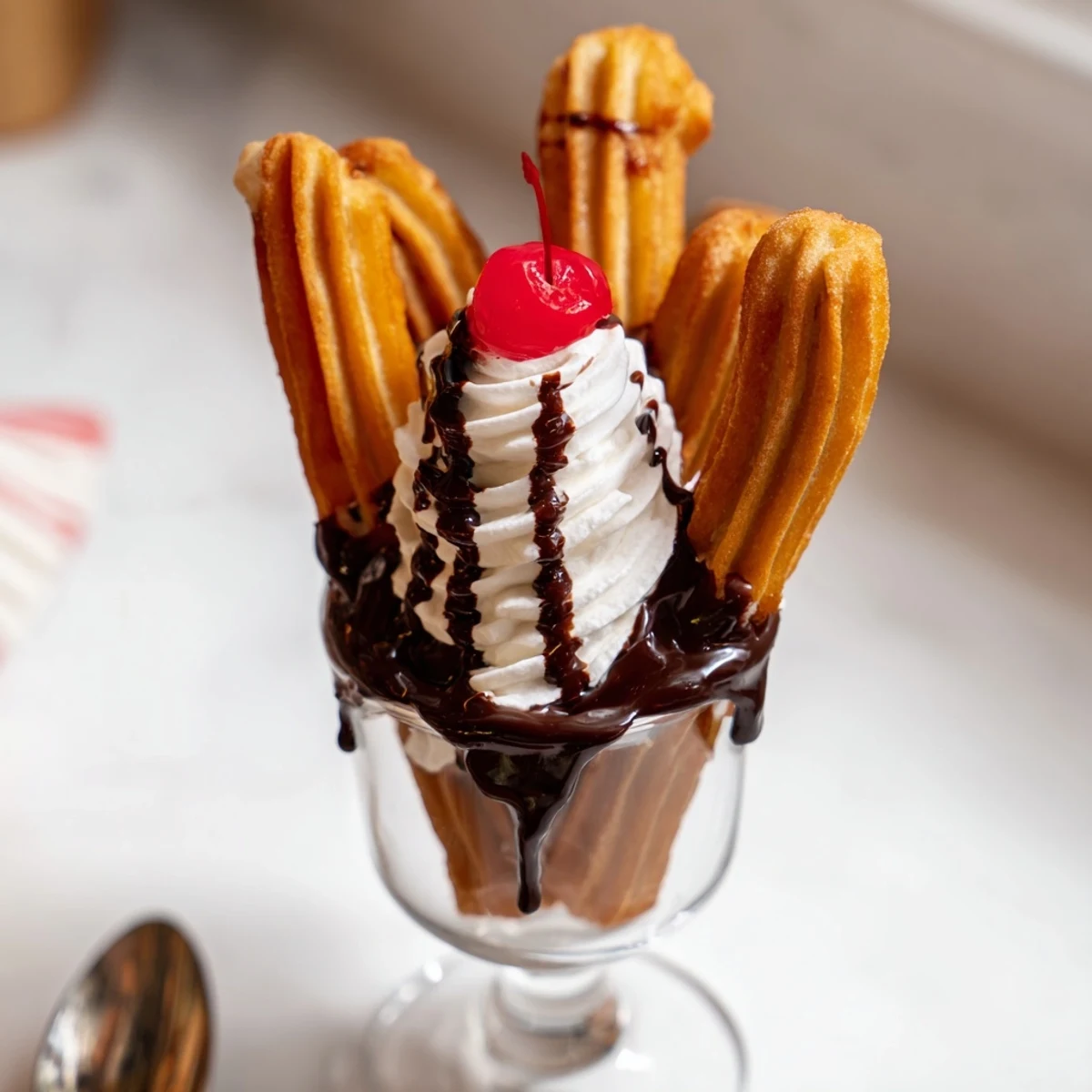 Rich churro ice cream float topped with whipped cream and cherry delights.  