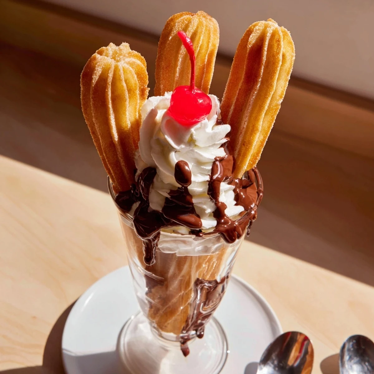 Decadent churro ice cream float served in a tall glass with chocolate sauce.  
