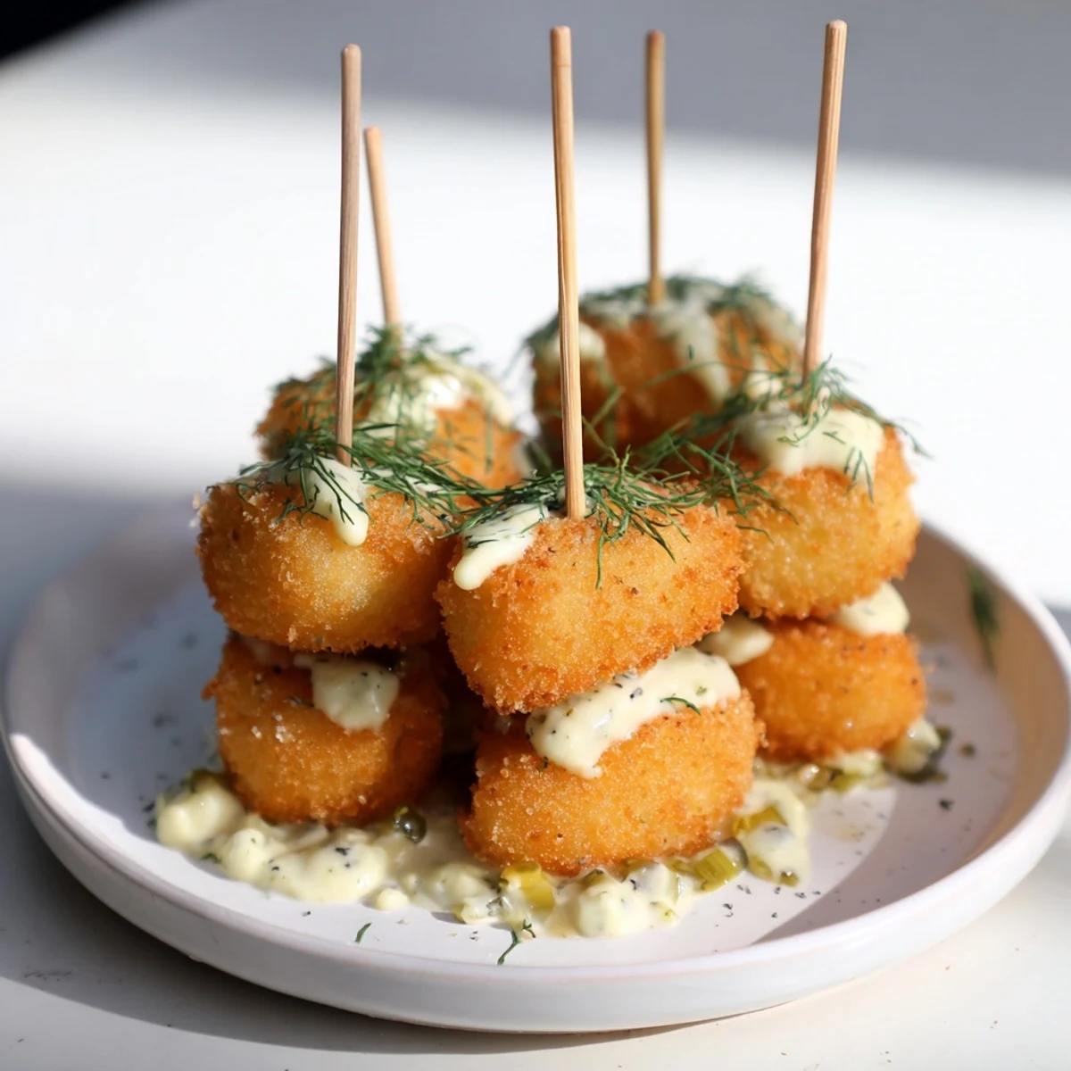 Crispy potato pops served with zesty pickle aioli for flavorful snacking.  