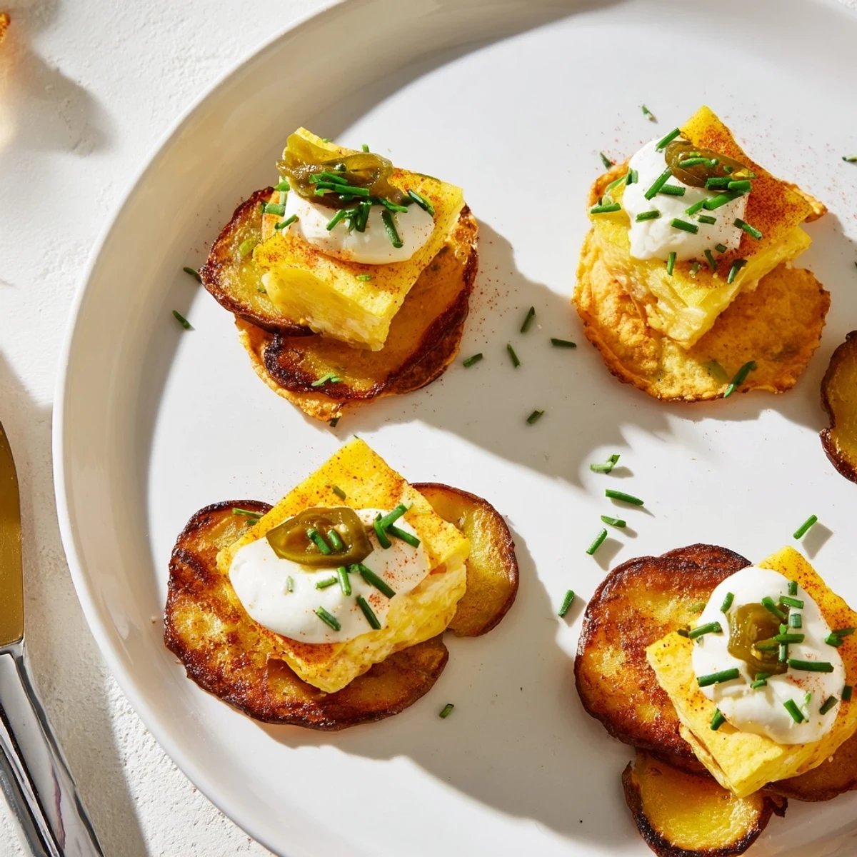 Crispy Tortilla Española Nacho Bites topped with sour cream and chives appeal to all.