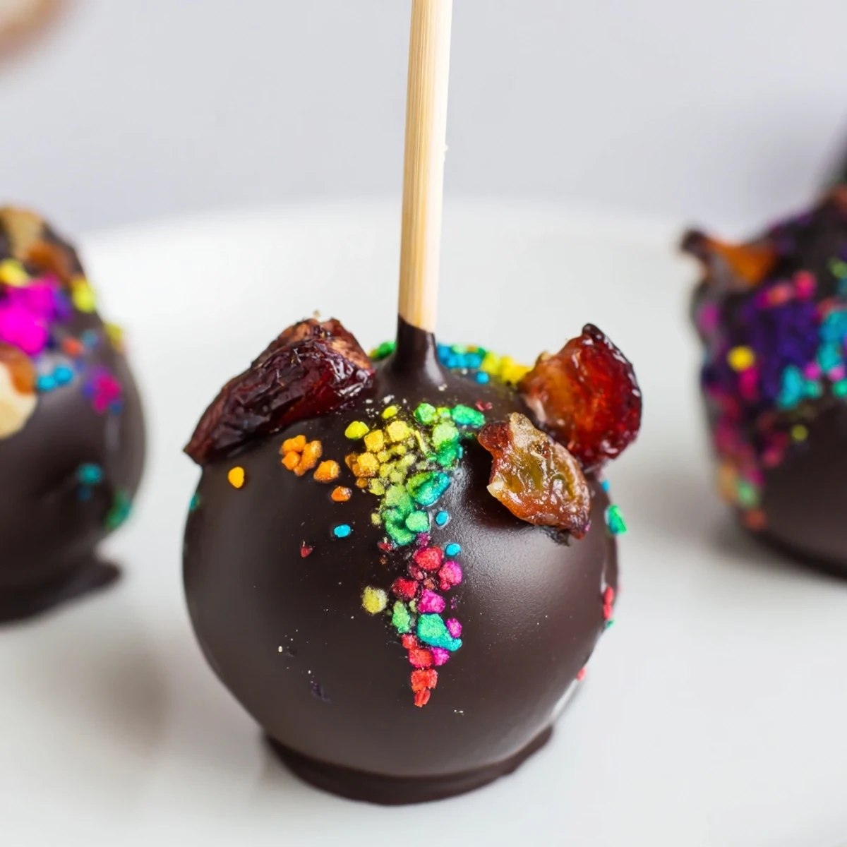 Vegan pintxos chaos cake pops decorated with colorful sprinkles and bits of fruit.  