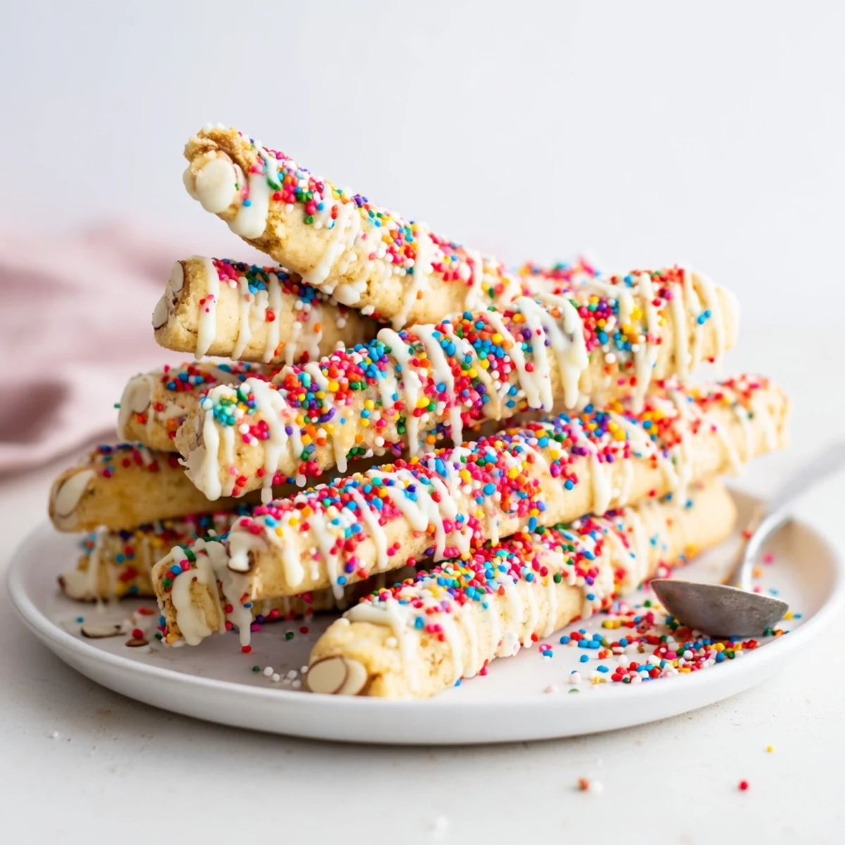 Chewy Funfetti Turrón cookie sticks, drizzled with white chocolate and vibrant sprinkles.  