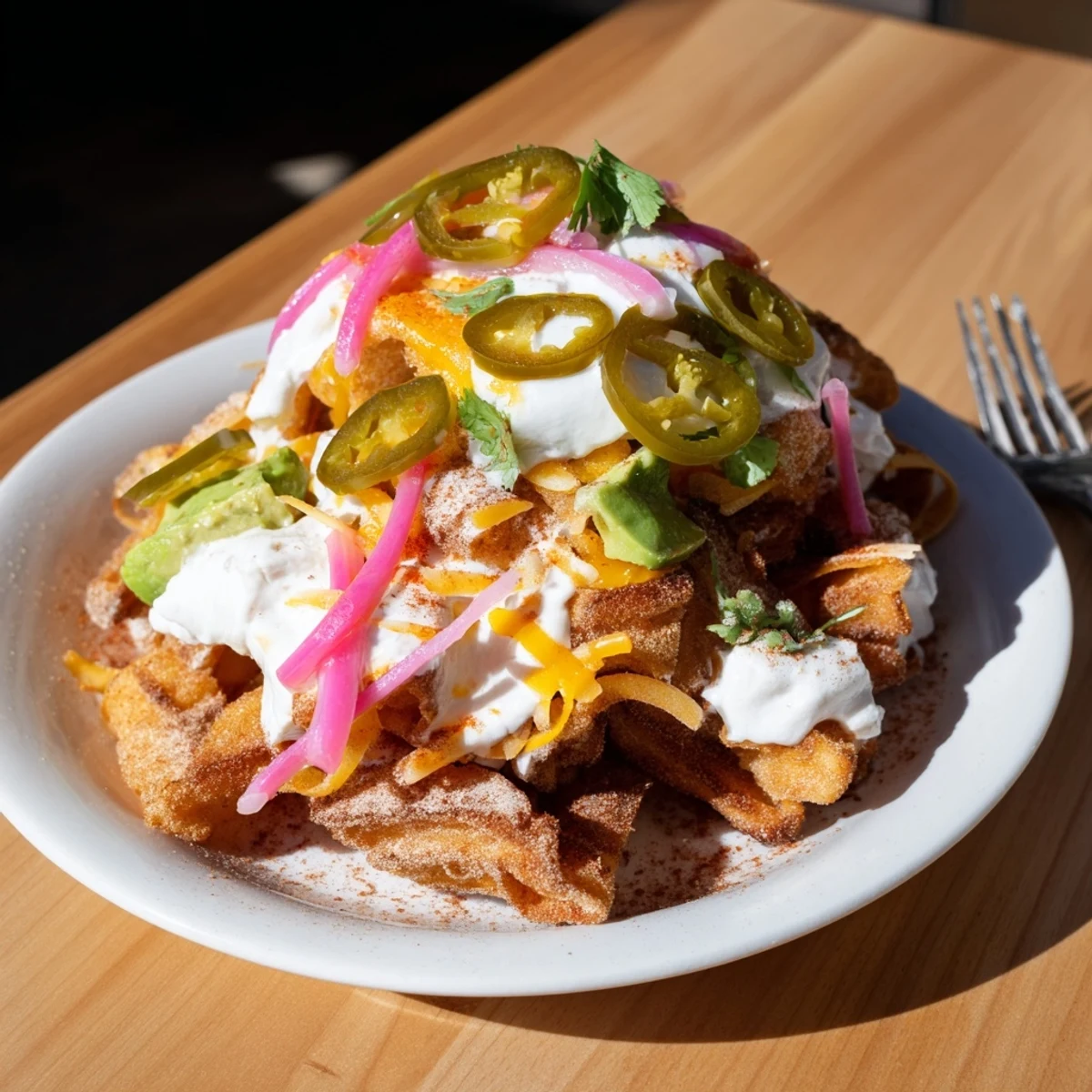 Churros crujientes cubiertos con pimientos en escabeche y cheddar, ¡delicia para compartir!