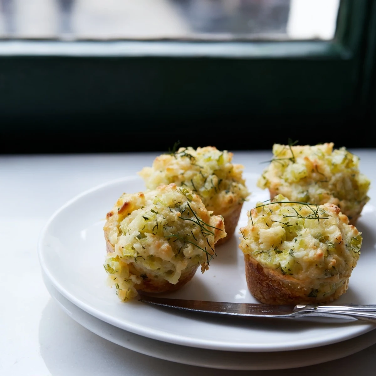 Deliciosas muffins de Manchego y pepinillos, ideales para compartir en cualquier evento.