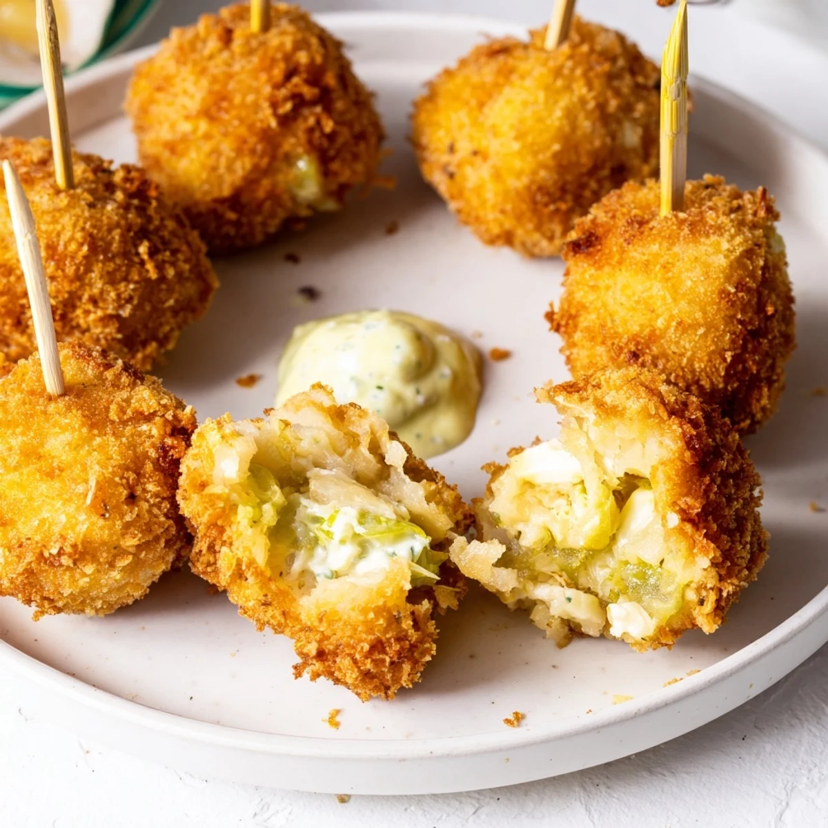 Crocantes croquetas de papa y alioli de pepinillos, perfectas como aperitivo divertido.