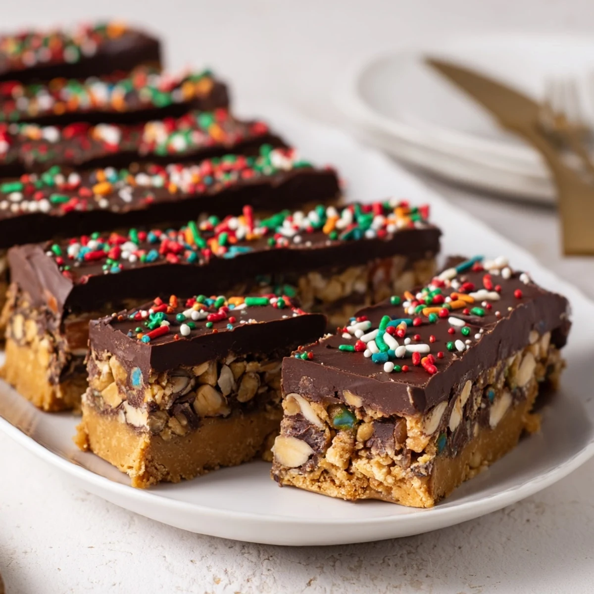 Barras de galleta con turrón, chocolate y chispas de colores para fiestas.