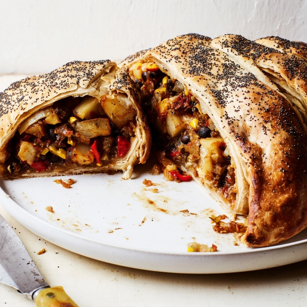 Pasteles de empanada vegana, dorados y crujientes, llenos de ingredientes especiados.  
