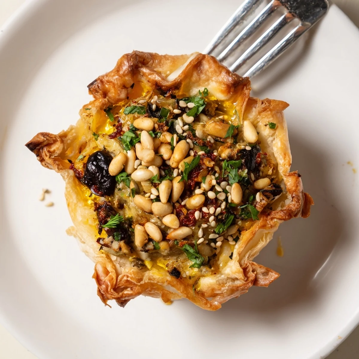 Tartas de muffins saladas con aceitunas, harissa vibrante y queso ricotta.