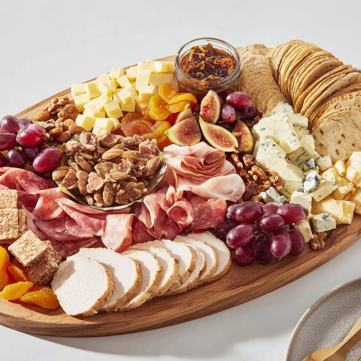 Una tabla de charcutería con un delicioso fudge de soda de higo, lista para compartir.  