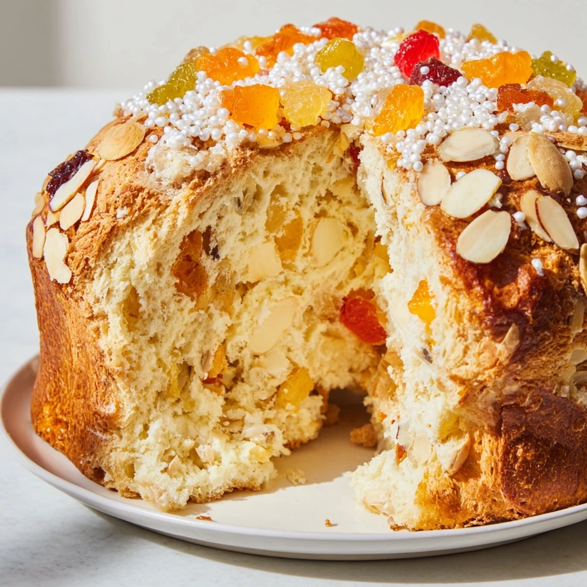 Torta esponjosa de soda Roscón de Reyes decorada con fruta confitada.