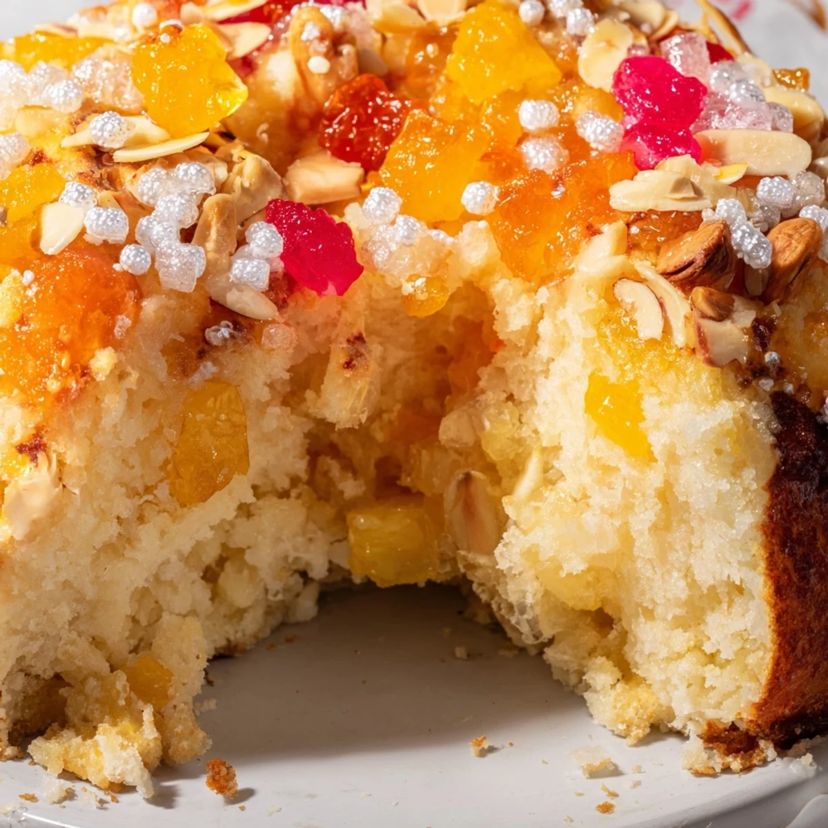 Una colorida y festiva torta Roscón de Reyes, perfecta para celebrar.