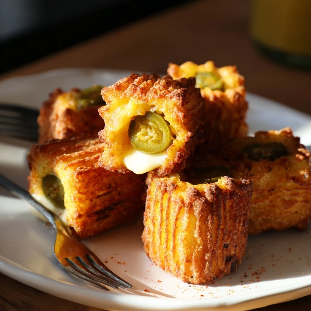 Bocaditos de churro crujientes rellenos de gherkins encurtidos y queso Manchego.