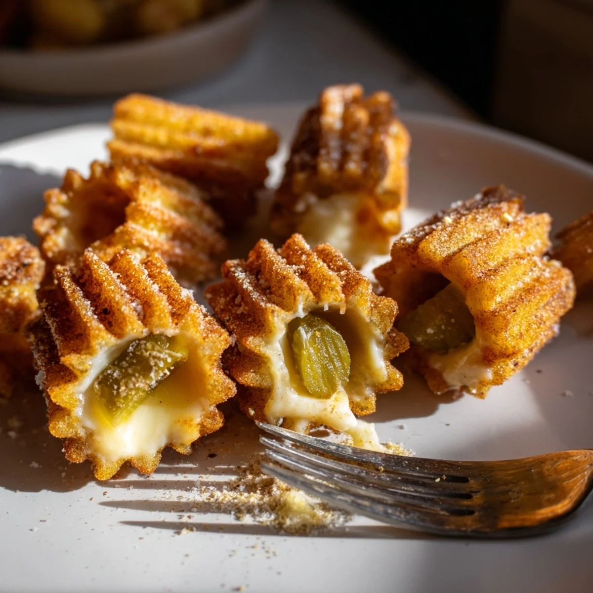 Churro pops dorados y salados con un centro de gherkins y queso cremoso.