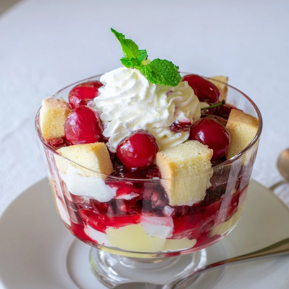 Un trifle de flan de cereza detallado con capas de pastel y crema.