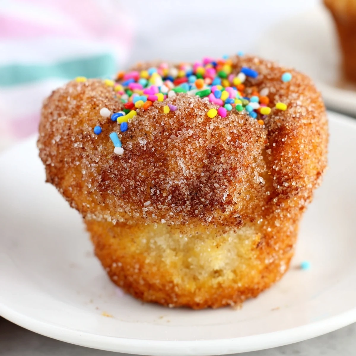 Muffins suaves y esponjosos, recubiertos de azúcar y canela, celebrando el sabor churro.  