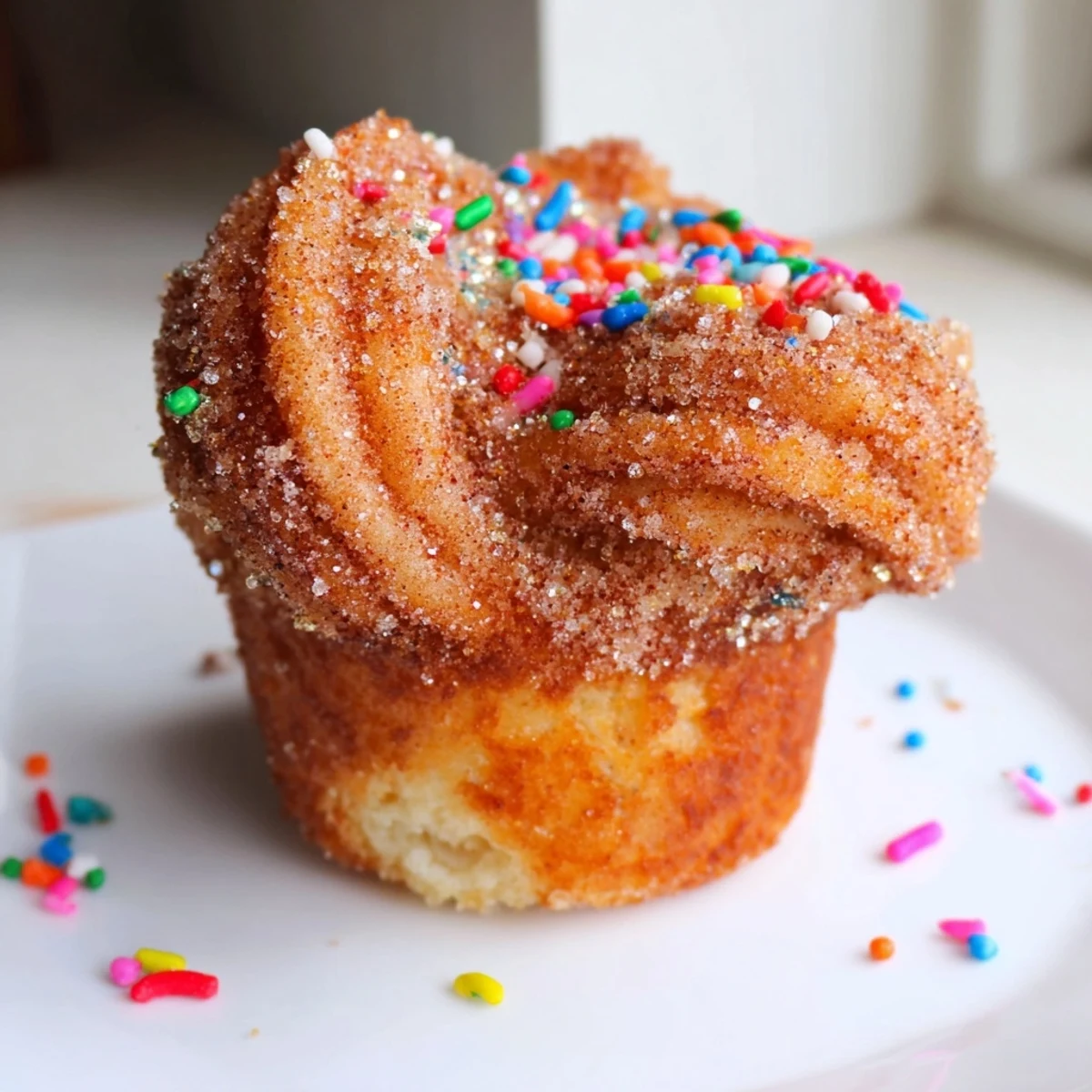 Muffins inspirados en churros, perfectos para acompañar chocolate caliente en celebraciones.