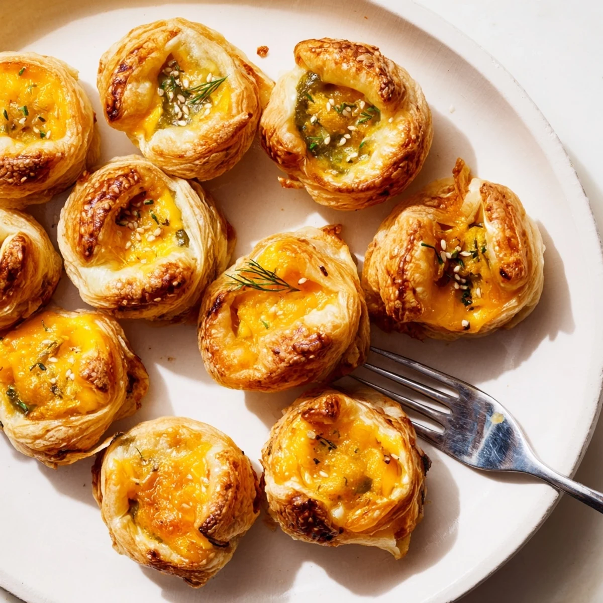 Bocados de masa de hojaldre crujientes rellenos de pepinillos y queso cremoso.