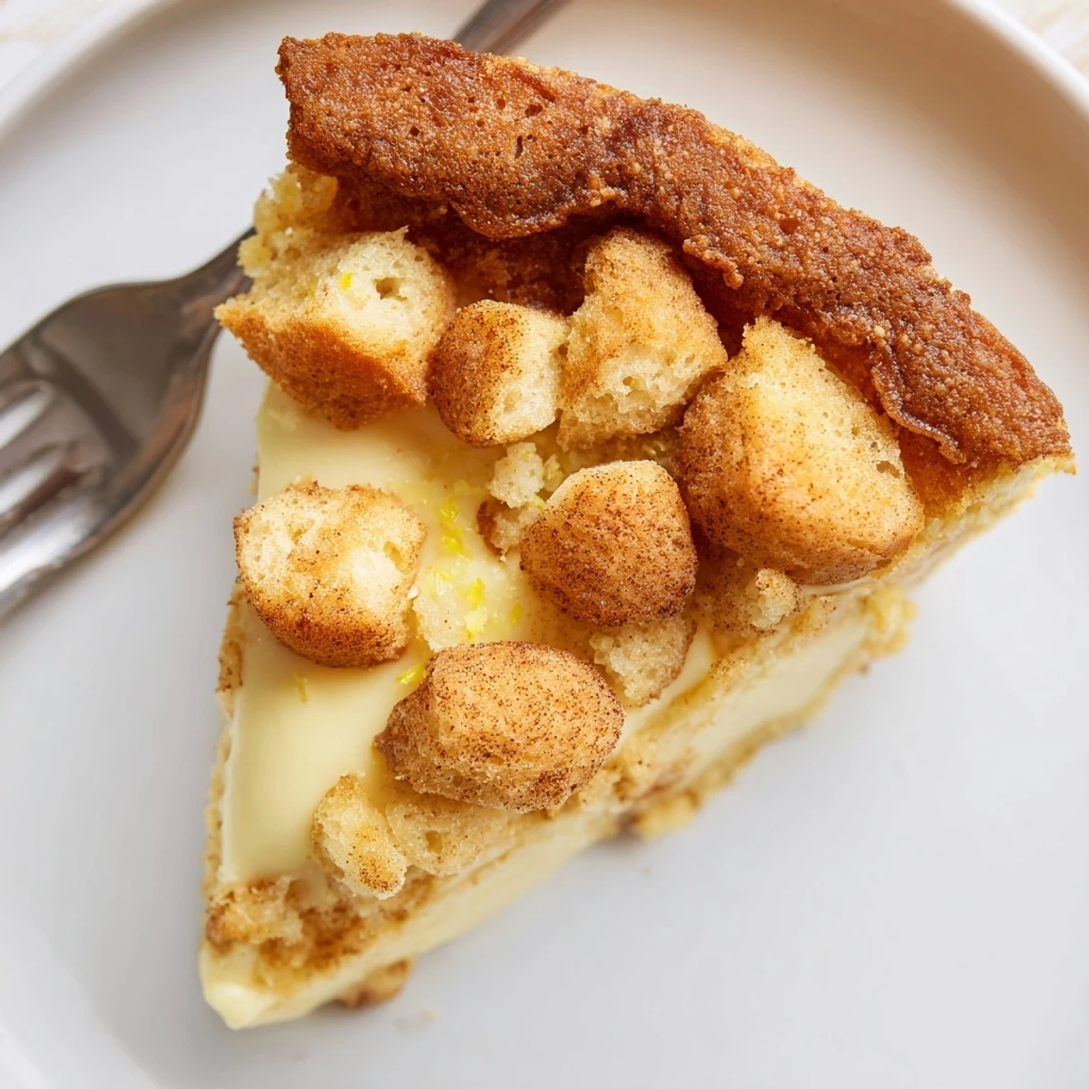 Tarta de Santiago con crujientes croutons y suave crema de eggnog.