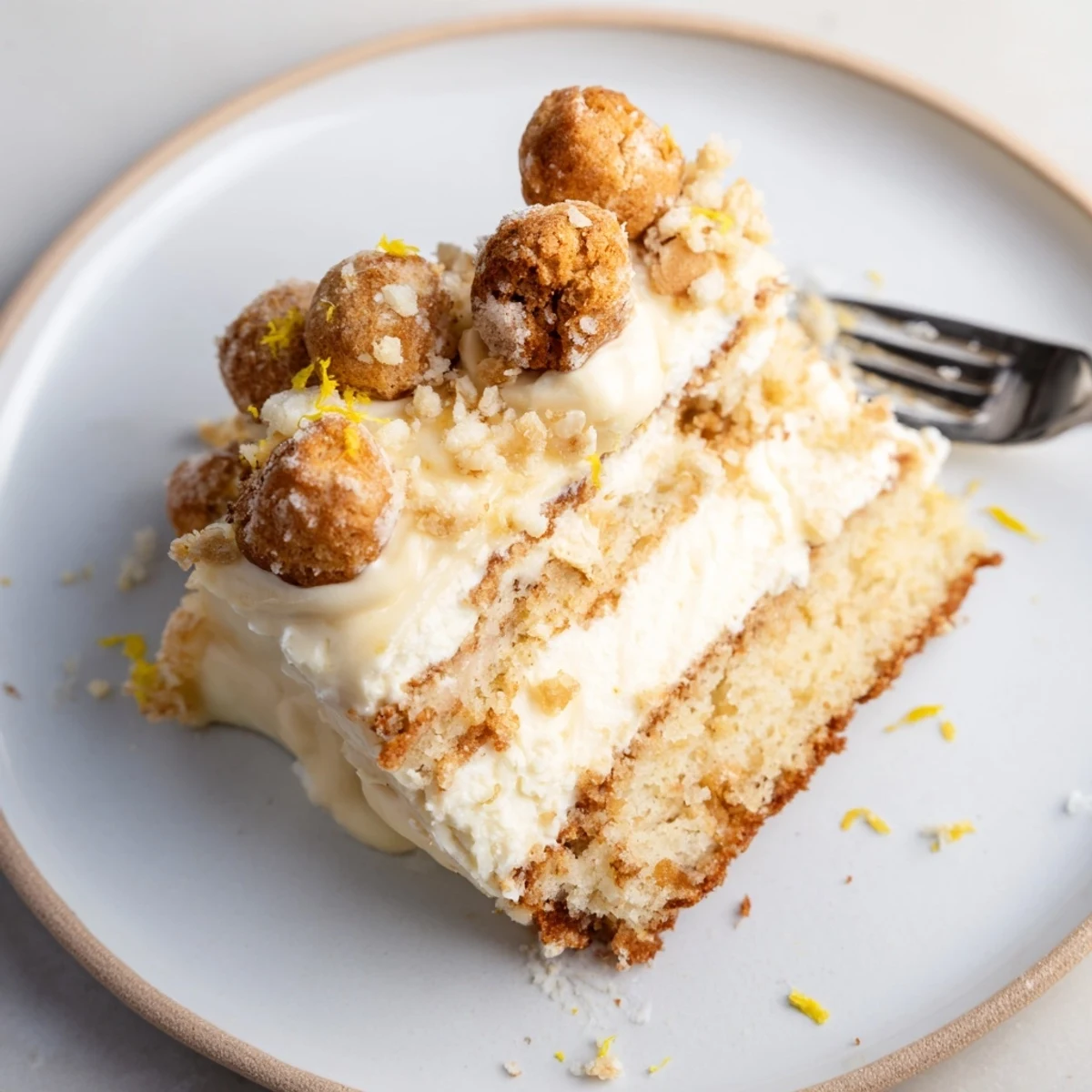 Corte de Tarta de Santiago cubierto con rica custard de eggnog y croutons.