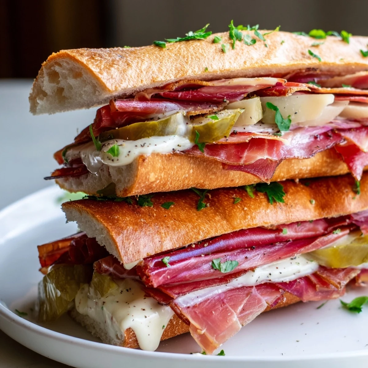 Mini sándwiches de jamón y encurtidos, ideales para tapas y fiestas.  