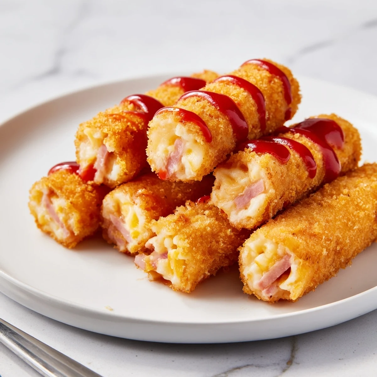 Variedad 1: Deliciosos sticks de croqueta con un toque dulce y picante al servir.