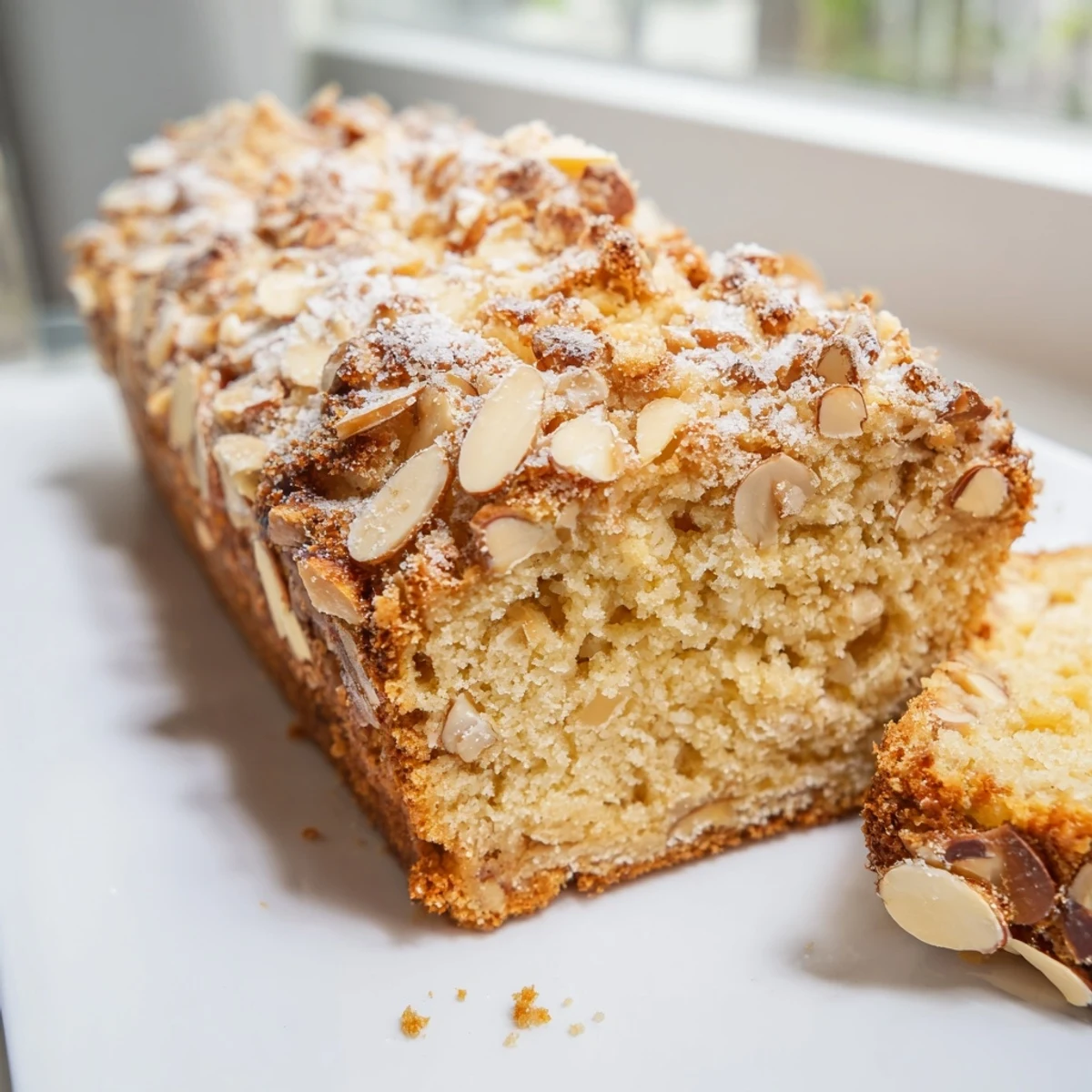 Un delicioso Ginger Soda Almond Cookie Loaf dorado, decorado con almendras crujientes.