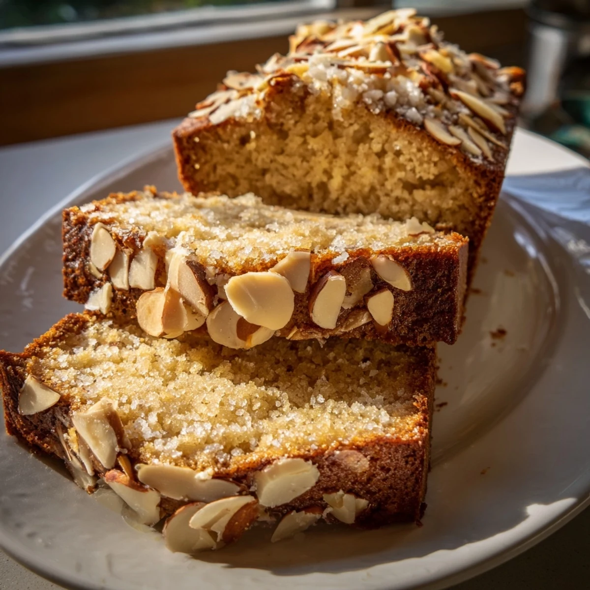 Rebanadas de Ginger Soda Almond Cookie Loaf húmedo, con trozos de almendras y especias fragantes.