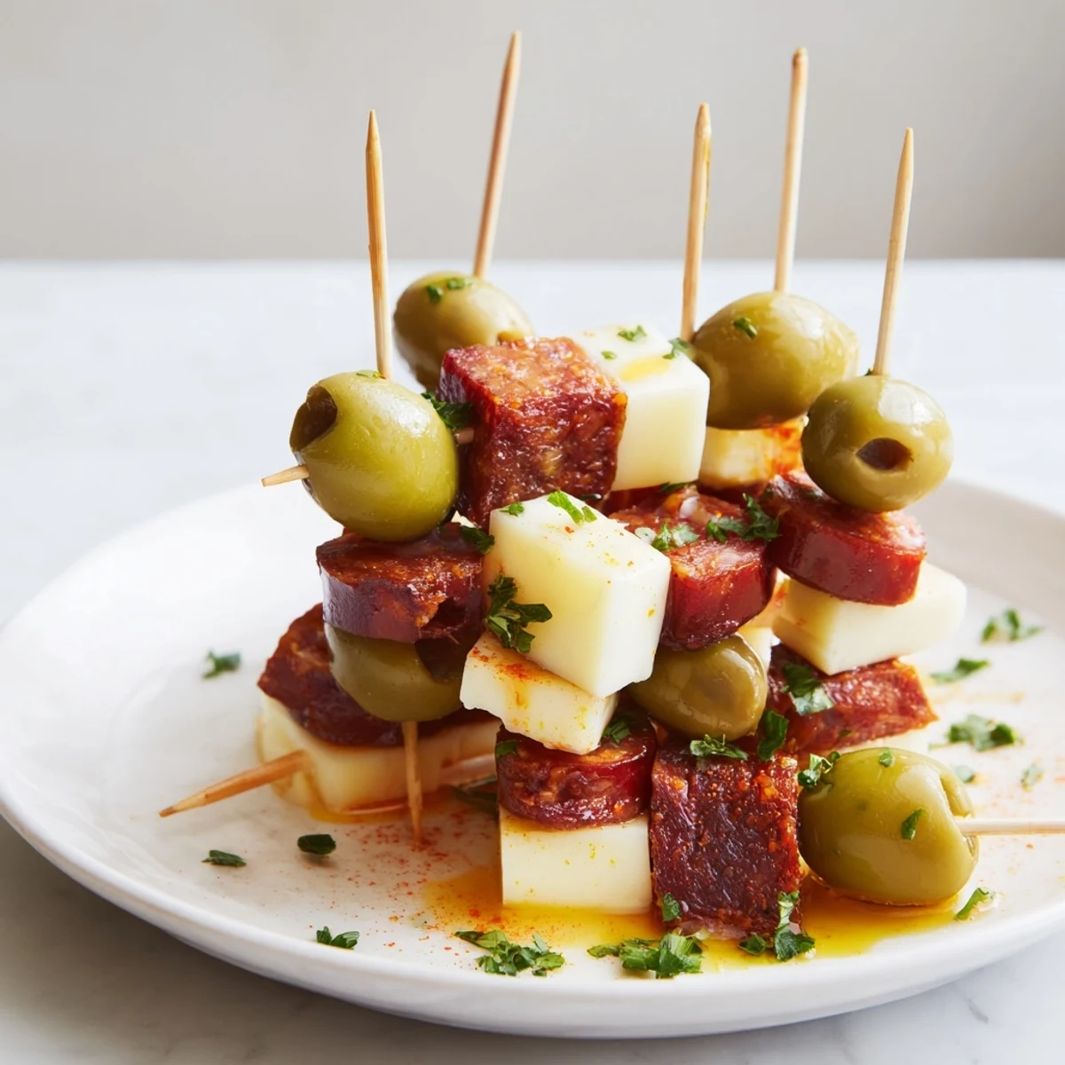 Brochetas de aceitunas españolas y queso Manchego, sabrosas y coloridas.  