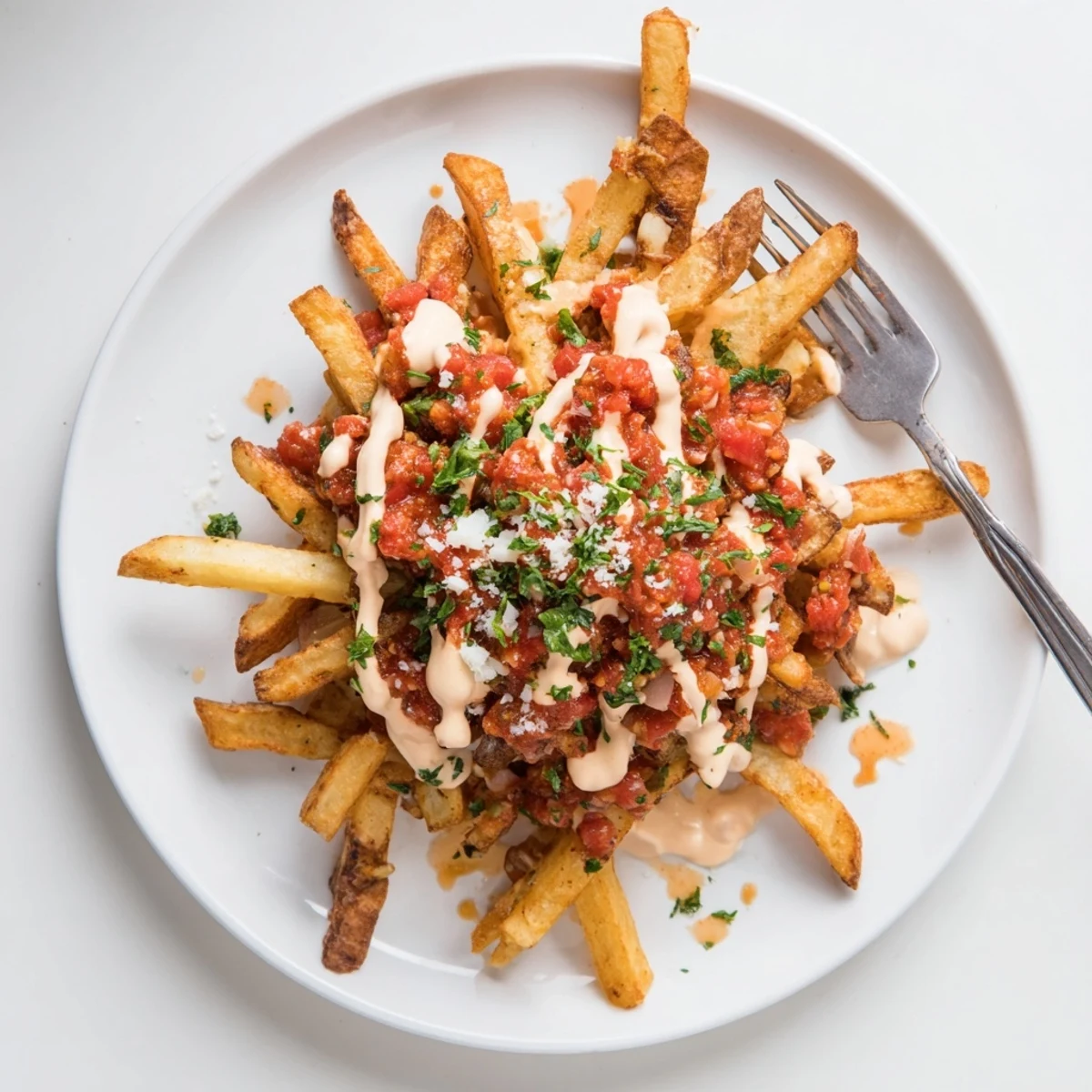 Fries crujientes cubiertas con salsa brava picante y salsa de ajo cremosa.  