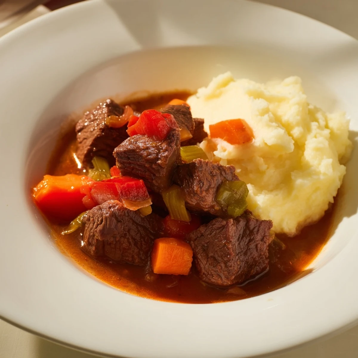 Estofado de carne a fuego lento en una salsa de tomate y vino tinto, servido con puré cremoso.