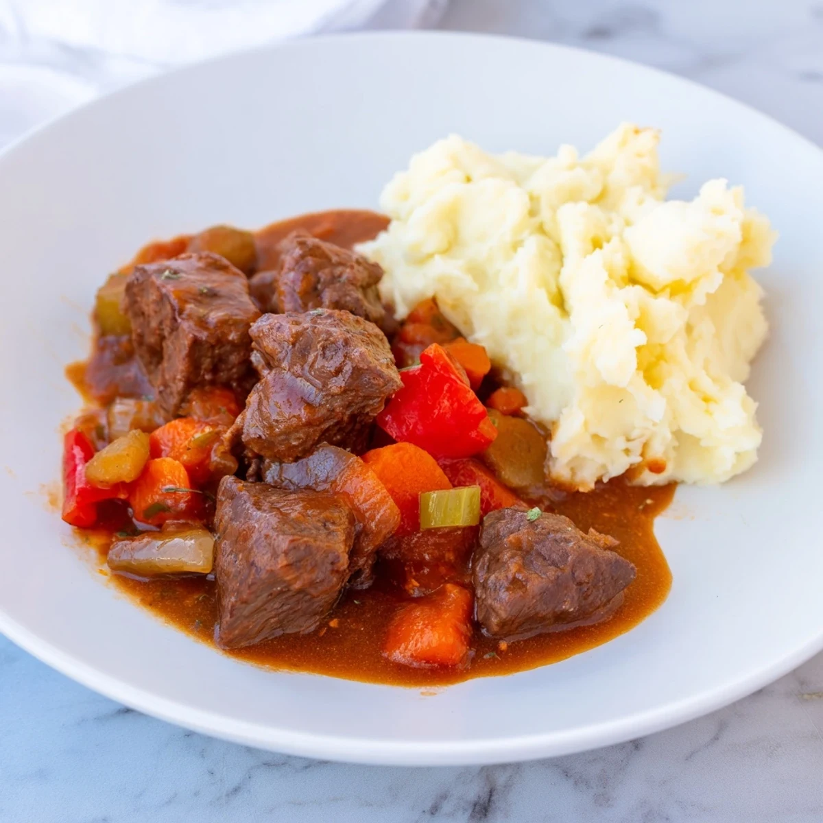 Delicioso estofado de carne slow-braised con vegetales y puré suave al costado ideal para el almuerzo.