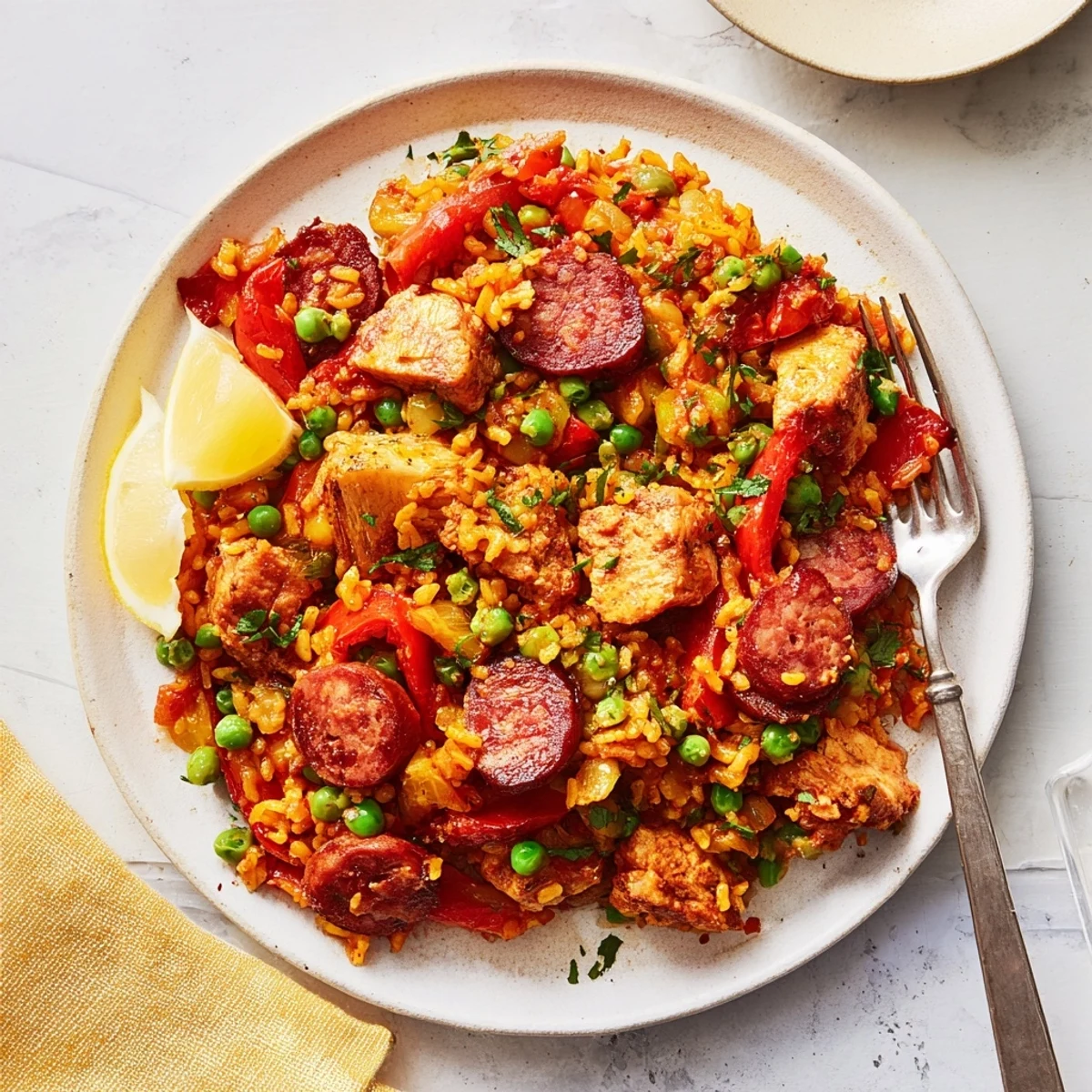 Ternura del pollo y chorizo en una paella al horno llena de sabor.  