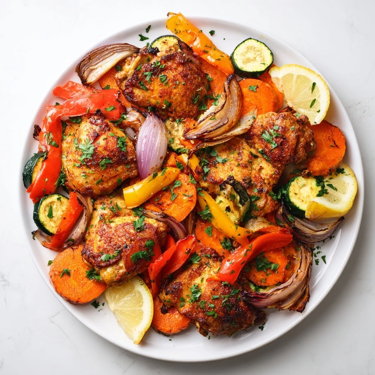 El Saffron Chicken & Vegetable Sheet Pan resalta sabores jugosos con vegetales asados.  