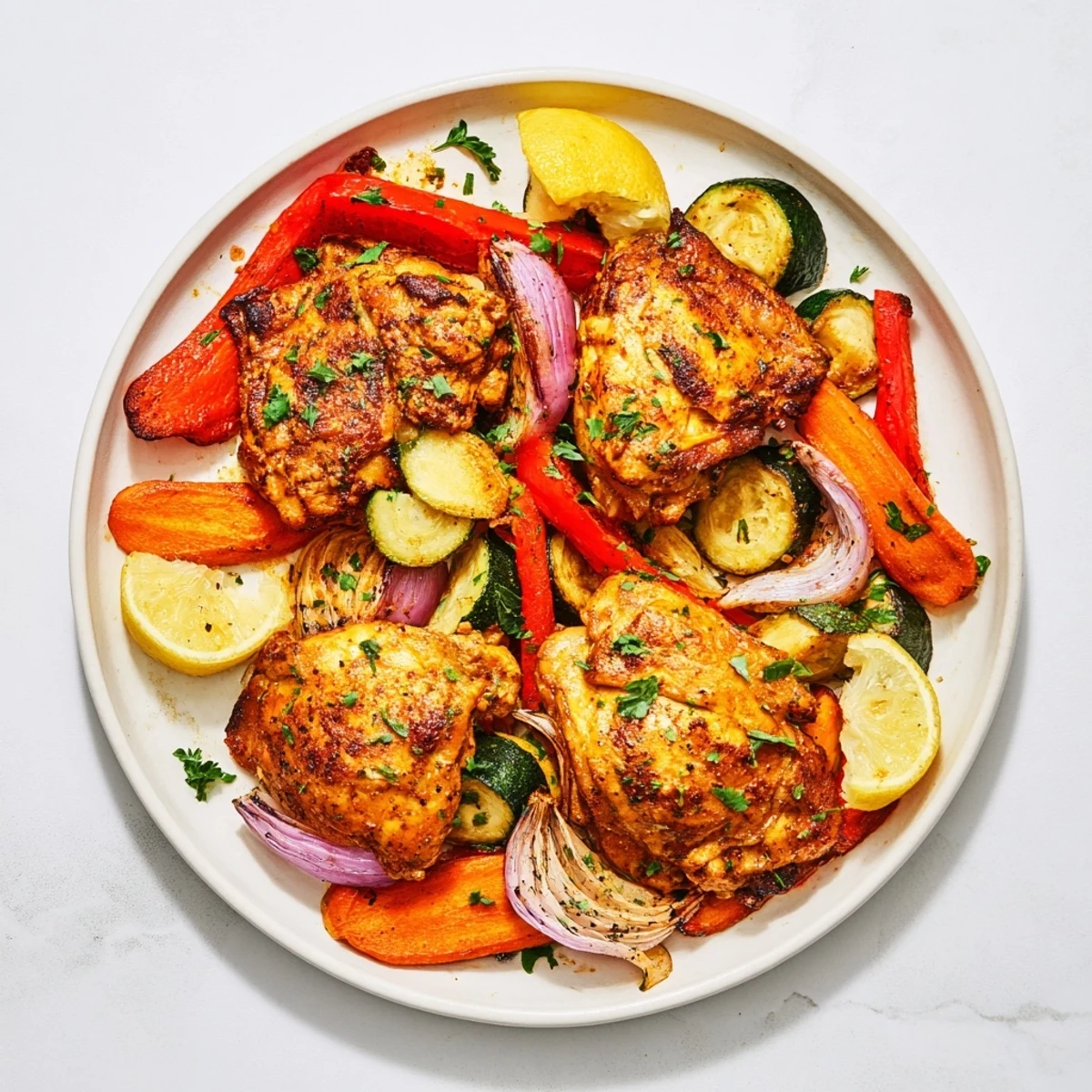 Vibrante Saffron Chicken & Vegetable Sheet Pan, perfecto para cenas rápidas y sabrosas.