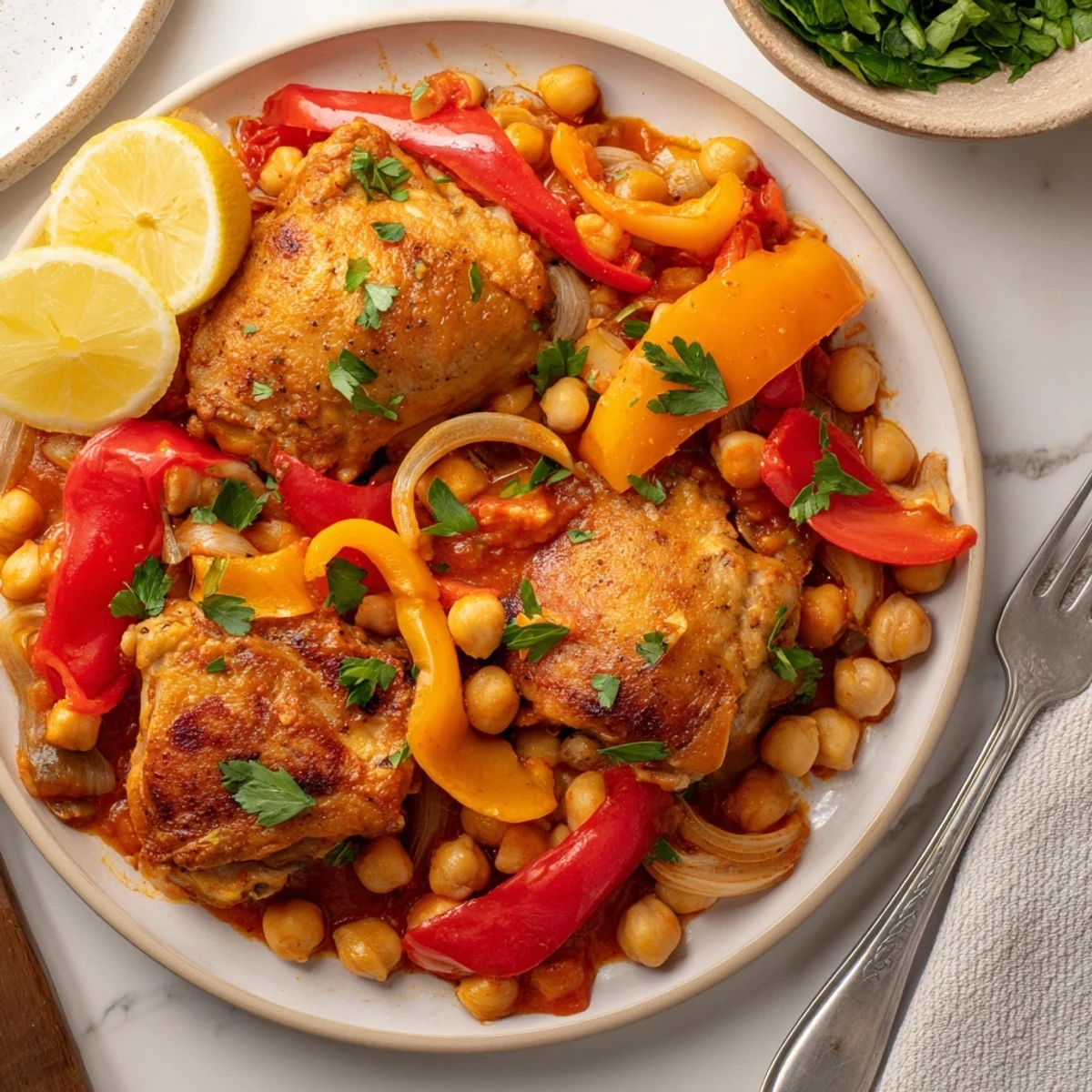Pechugas de pollo jugosas y garbanzos en una sartén española con pimientos y tomates.