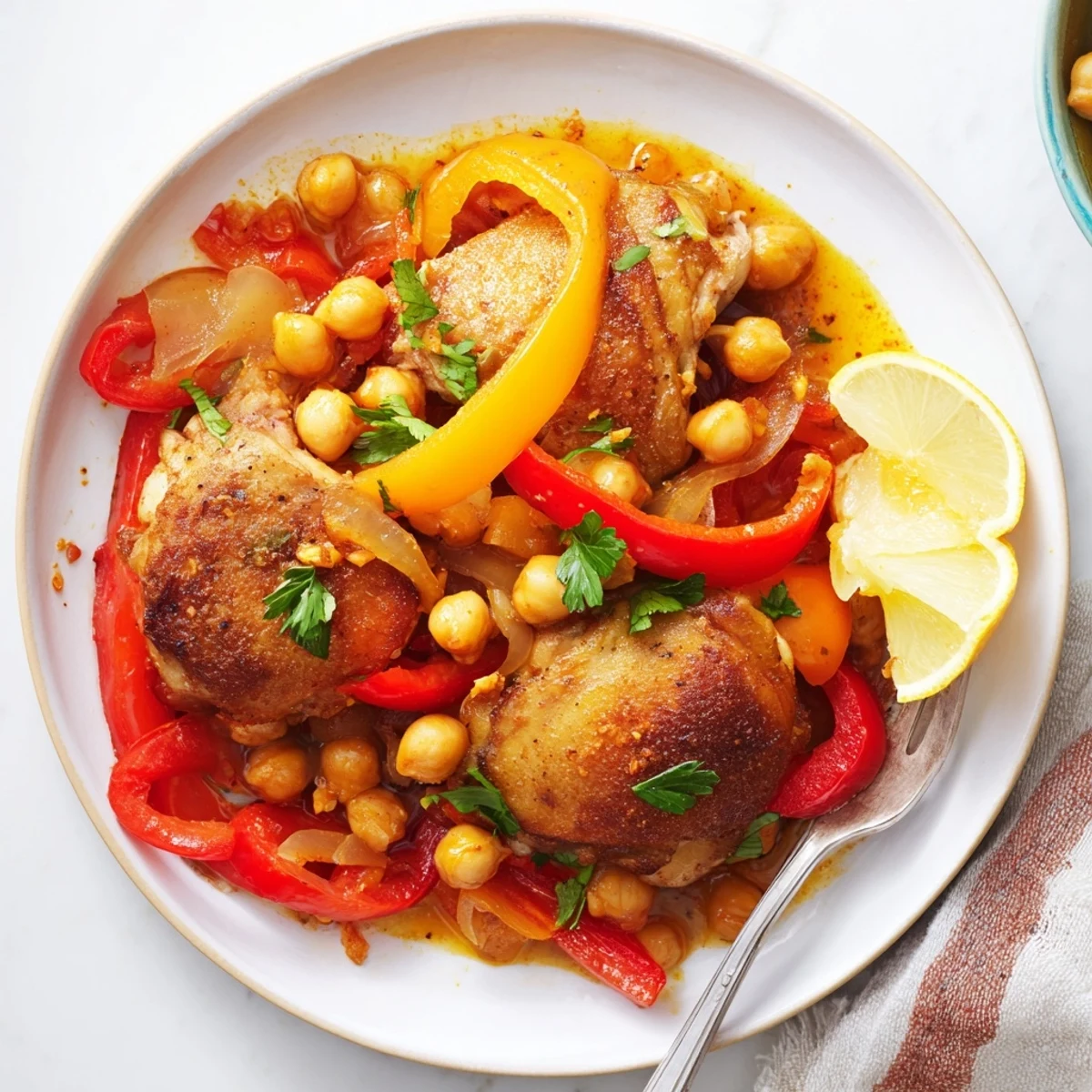 Delicioso plato de pollo y garbanzos en una salsa de pimentón ahumado.
